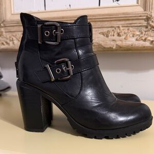 Women's Black Buckle Heeled Ankle Boots